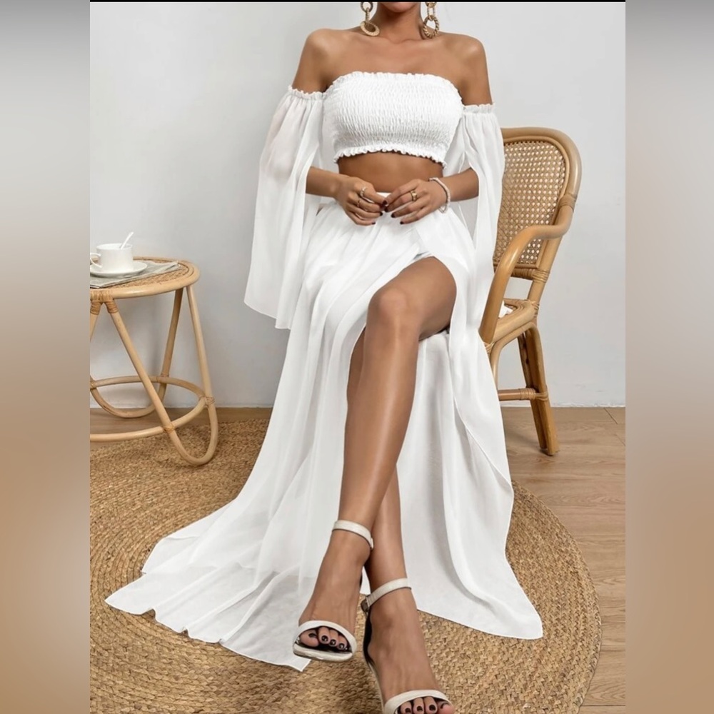 White Off-Shoulder Skirt Set